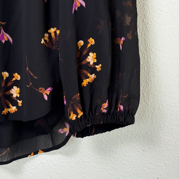 Madewell Georgette Ruffle Collar Smocked Top Size S Black Floral Sheer Sleeves - Picture 3 of 11